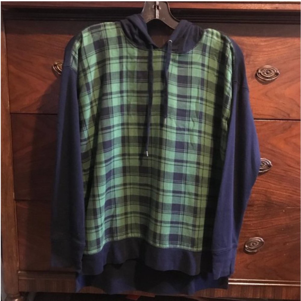 “Chaps” hooded L/S shirt with plaid front panel, M